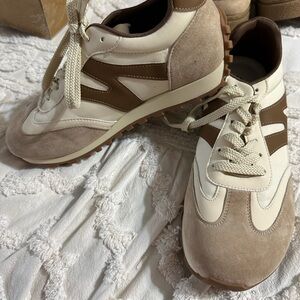 Classic Neutral Women's Suede & Leather Sneakers - Cream & Brown
